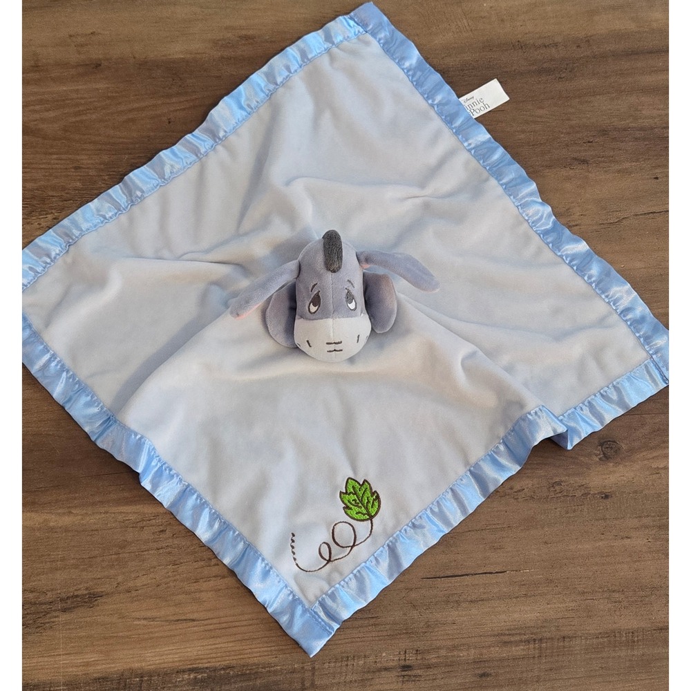 Disney Winnie the Pooh Eeyore Baby Security Blanket Blue Satin Trim Lovey